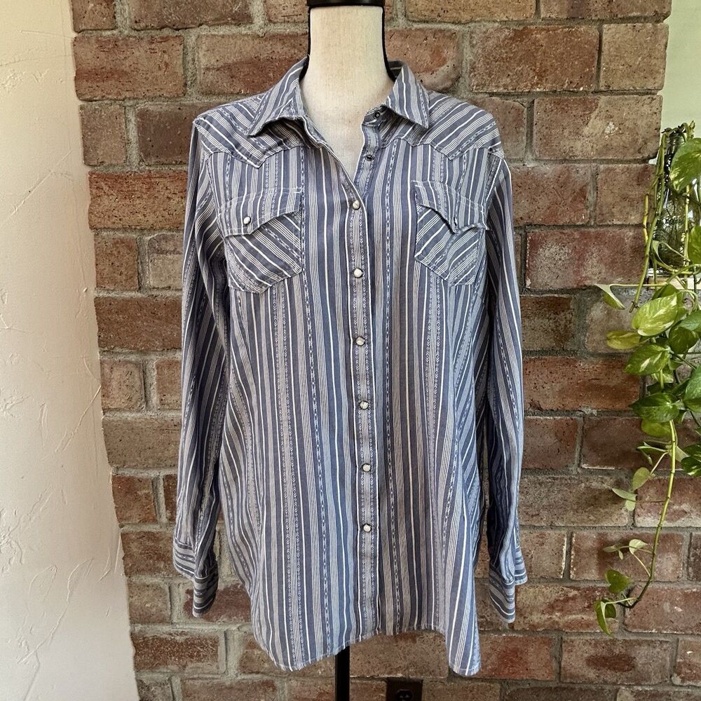 Ariat REAL Women's XXL Blue White Striped Western Pearl Snap Shirt 100% Cotton